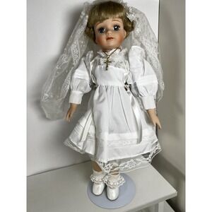 Collectible Porcelain Doll First Communion Dress Veil & Cross Blonde Hair